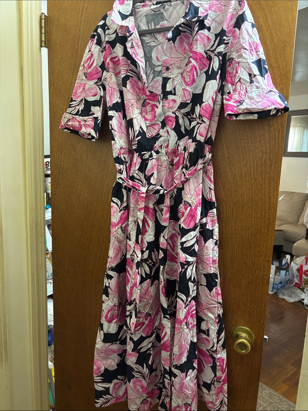 DKNY Pink Floral Button-Front Maxi Dress on Black